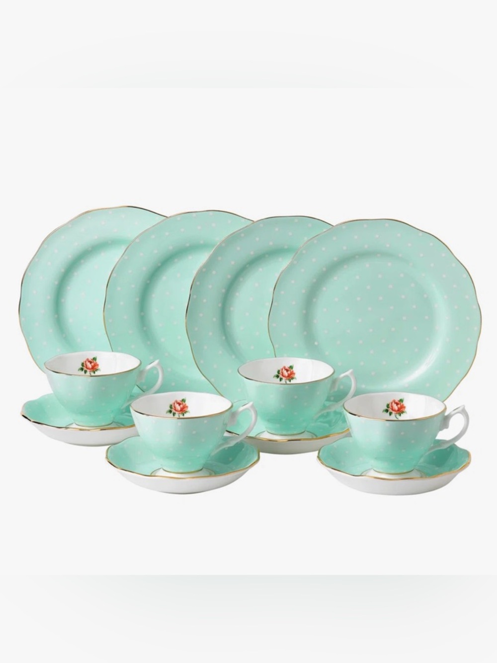 Royal Albert Polka Rose 12 Piece Tea Set in Mint Green Polka Dots with Gold Trim
